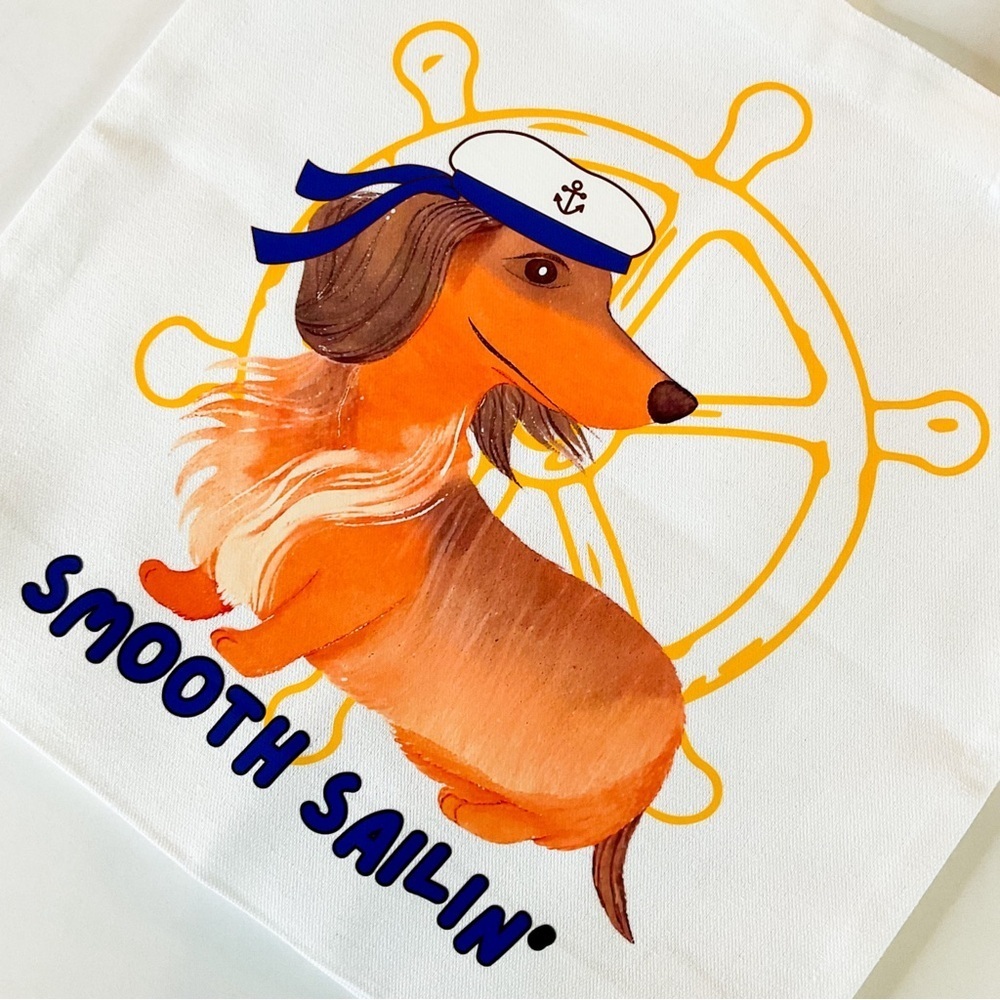 HANDMADE Doxie "Smooth Sailin'" White Cotton Canvas Tote Bag - Picture 2 of 4
